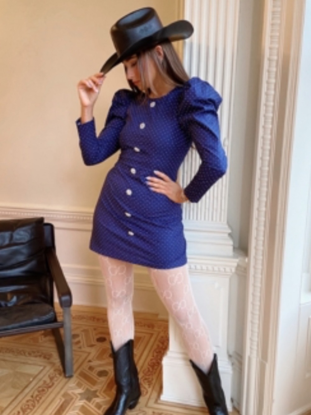 DANIELLE BERNSTEIN Blue and White Polka Dot Mini Dress